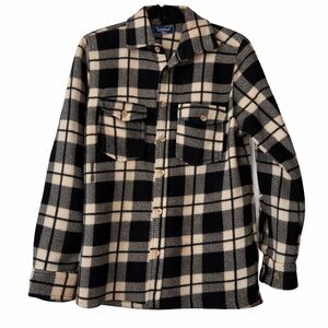 plaid fleece button down shirt black cream size M prairie